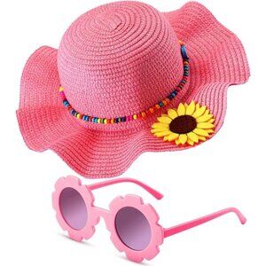 Summer Straw Hat for Girls Large Brim Sunflower Beach Hat Cute Flower Sunglasses